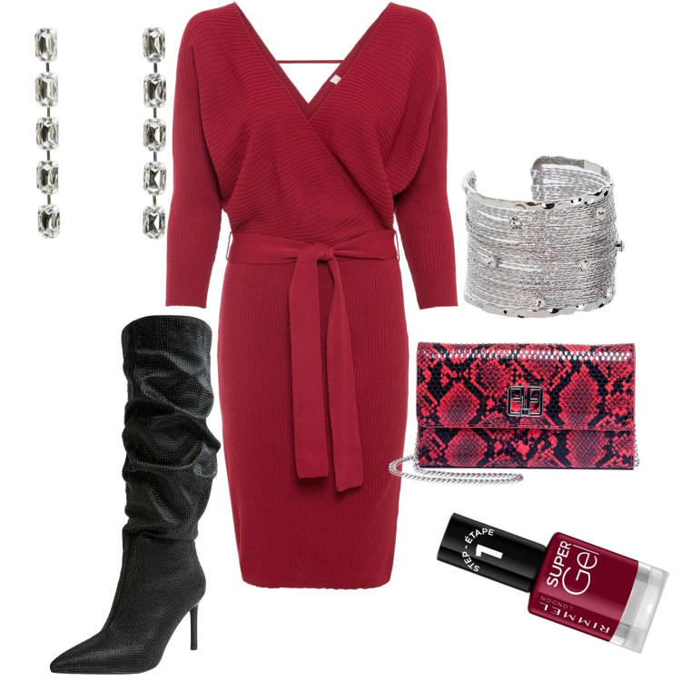 Outfit donna - Abito in maglio a portafoglio. Stile Casual per Serata fuori. Abbinamento con vestiti, smalti, stivali, orecchini, pochette, braccialetti.