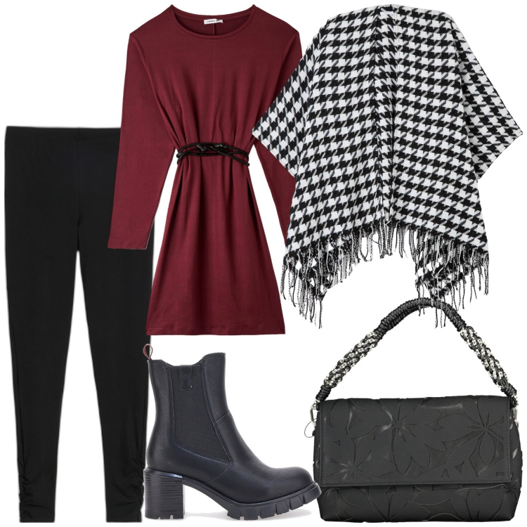 Outfit donna - Total look #1974165. Stile Casual chic per Tutti i giorni. Abbinamento con leggings, vestiti midi/longuette, cappe, stivaletti, borse a spalla.
