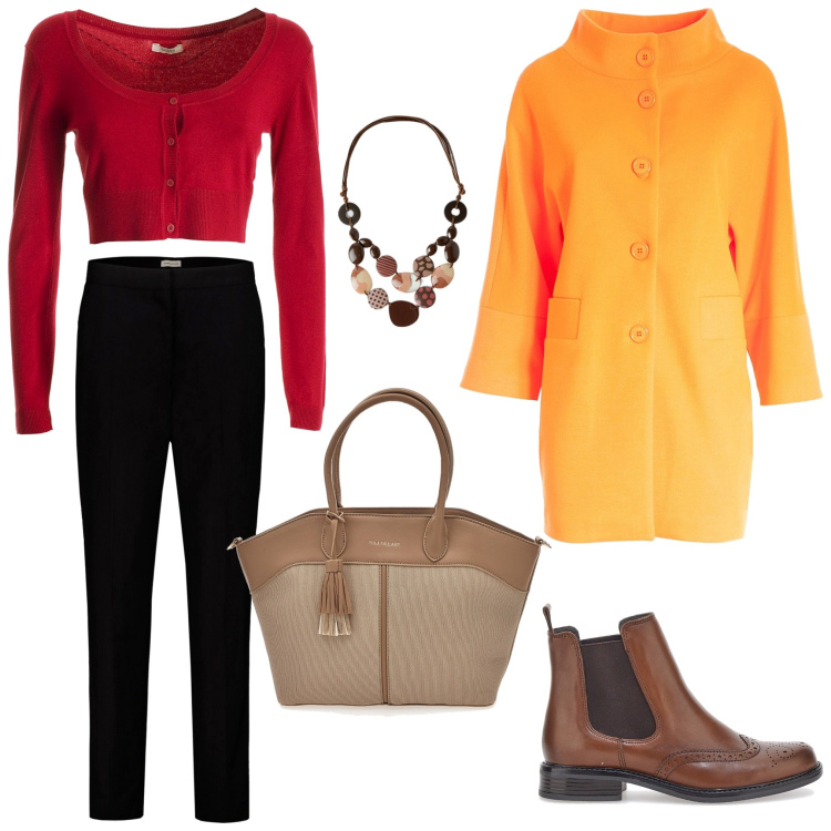 Outfit donna - Energia e colore. Stile Urban per Ufficio. Abbinamento con cardigans, cappotti, stivaletti chelsea, pantaloni, collane, borse a spalla.