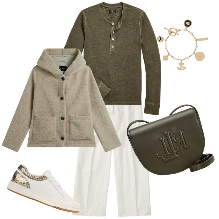 Outfit donna - Domenica fuori per pranzo. Stile Casual chic per Tutti i giorni. Abbinamento con blazer, pantaloni, t-shirt, sneakers, borse a tracolla, braccialetti con ciondoli.