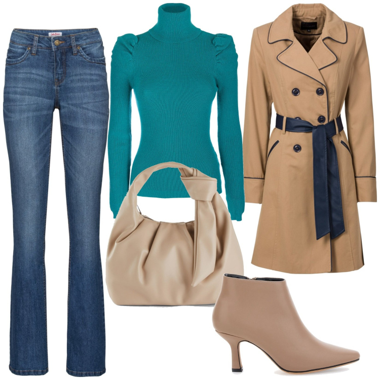 Outfit donna - Total look #1974187. Stile Minimal per Tutti i giorni. Abbinamento con borse a mano, jeans bootcut, trench, maglieria, stivaletti.