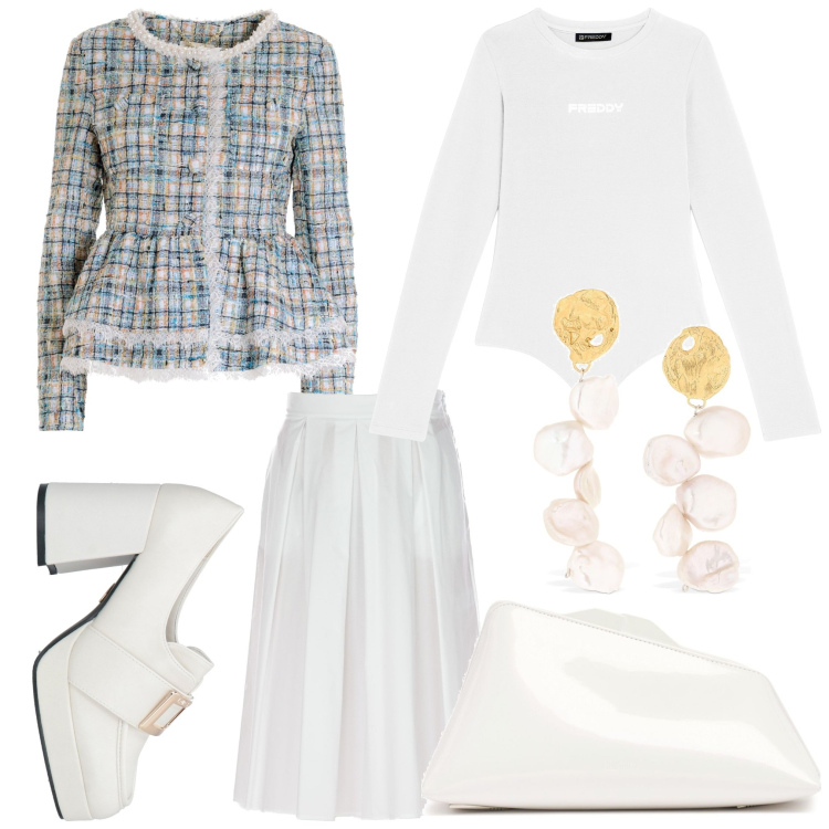 Outfit donna - Quadretti bon ton. Stile Bon Ton per Serata fuori. Abbinamento con mocassini, blazer, body, gonne longuette, pochette, orecchini.