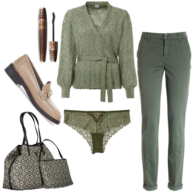 Outfit donna - Incantevole maglione a portafoglio. Stile Casual per Ufficio. Abbinamento con maglieria, culotte, mascara, pantaloni, mocassini, borse a spalla.
