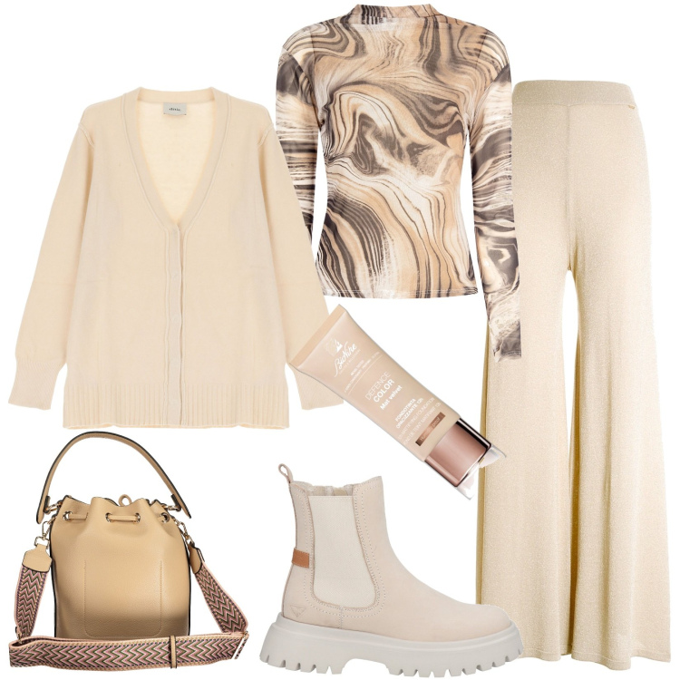 Outfit donna - Total look #1974192. Stile Casual per Tutti i giorni. Abbinamento con stivaletti, fondotinta, maglieria, pantaloni a palazzo, cardigans, borse a spalla.