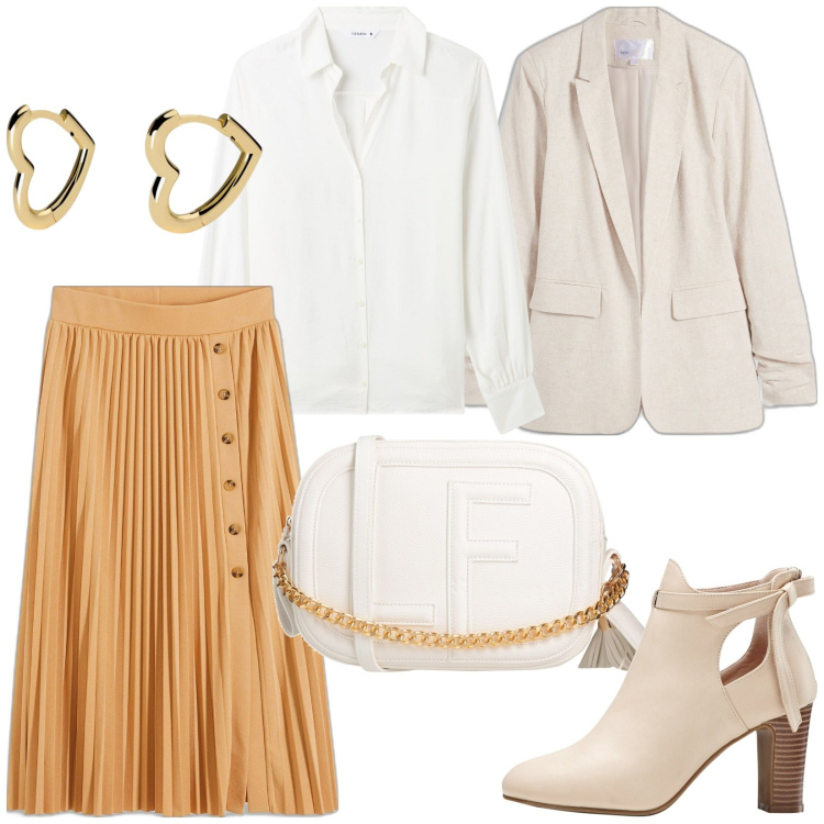 Outfit donna - Total look #1974197. Stile Bon Ton per Ufficio. Abbinamento con stivaletti, gonne, blazer, borse a tracolla, camicie, orecchini.