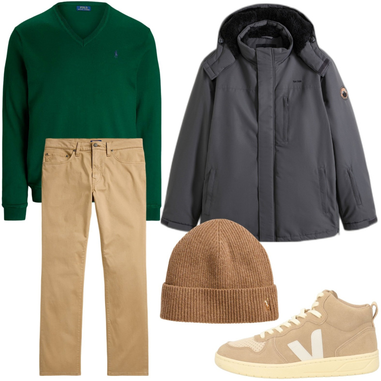 Outfit uomo - Comfort e praticità. Stile Urban per Tutti i giorni. Abbinamento con sneakers alte, giacche, berretti, pantaloni, maglieria.
