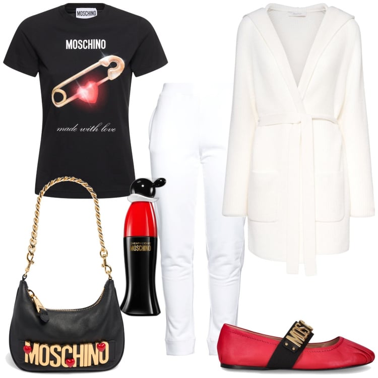 Outfit donna - Moschino. Stile Trendy per Tutti i giorni. Abbinamento con pantaloni, profumi, t-shirt, borse a spalla, ballerine, cappotti.
