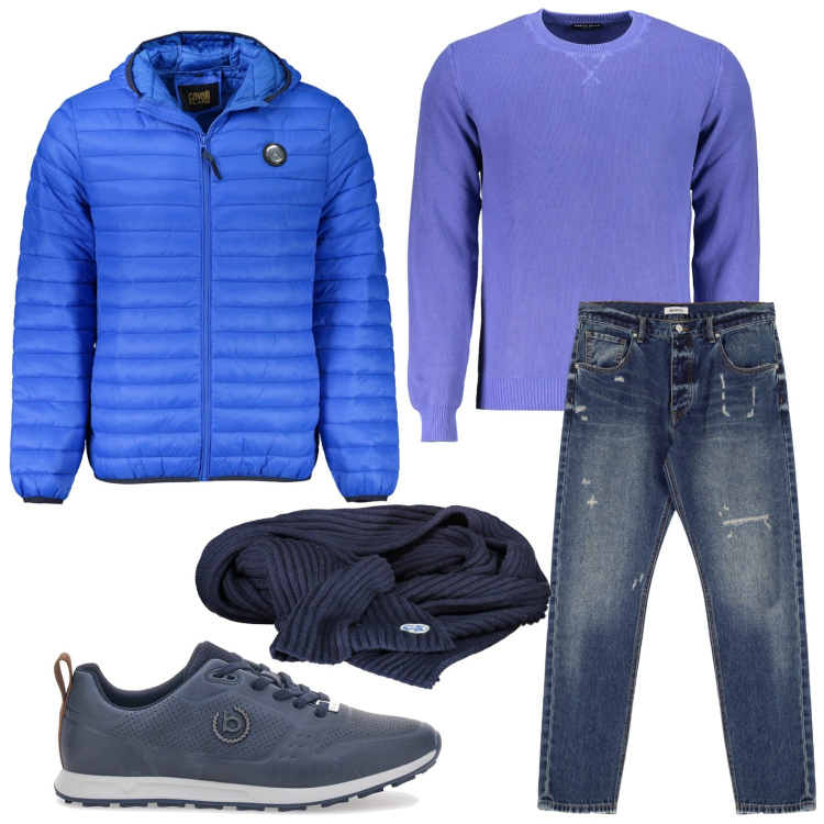 Outfit uomo - Denim abbinato al blu cobalto. Stile Trendy per Tutti i giorni. Abbinamento con jeans dritti, sneakers, maglieria, giacche, sciarpe.