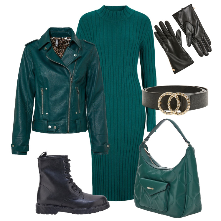 Outfit donna - Nero e verde petrolio in città. Stile Trendy per Tutti i giorni. Abbinamento con blazer, vestiti midi/longuette, cinture, guanti, borse a spalla, anfibi.