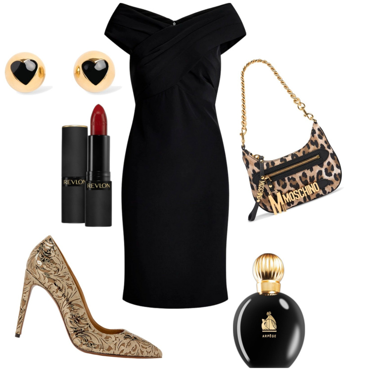 Outfit donna - Accessori moschino. Stile Chic per Serata fuori. Abbinamento con profumi, rossetti, vestiti, décolleté, orecchini, borse a spalla.
