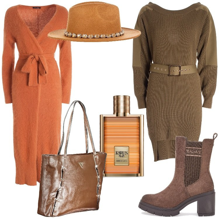 Outfit donna - Splendidi colori autunnali. Stile Trendy per Tutti i giorni. Abbinamento con profumi, cappelli, cardigans, vestiti lunghi, stivaletti chelsea, borse a spalla.