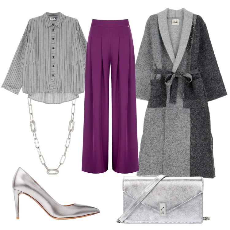 Outfit donna - Aperitivo chic. Stile Chic per Serata fuori. Abbinamento con maglieria, camicie, pantaloni a palazzo, cappotti, décolleté, clutch.