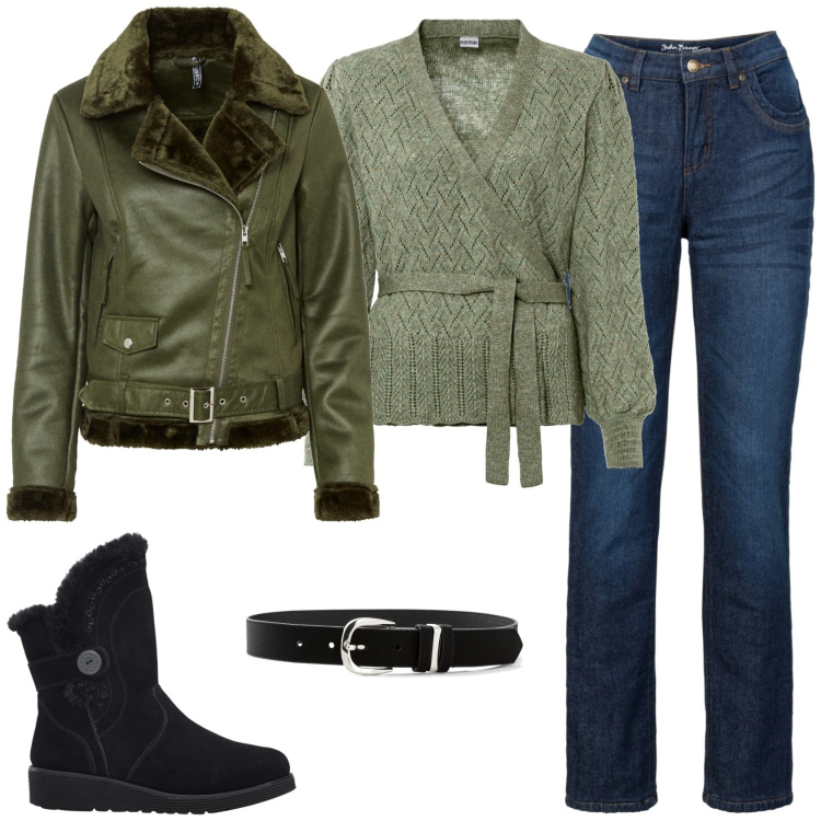 Outfit donna - Maglione e jeans. Stile Casual per Tutti i giorni. Abbinamento con maglieria, stivali, cinture, blazer, jeans dritti.