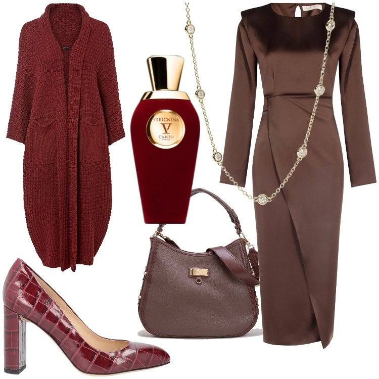 Outfit donna - Una serata d\'autunno. Stile Chic per Serata fuori. Abbinamento con cardigans, décolleté, profumi, collane, vestiti midi/longuette, borse a tracolla.