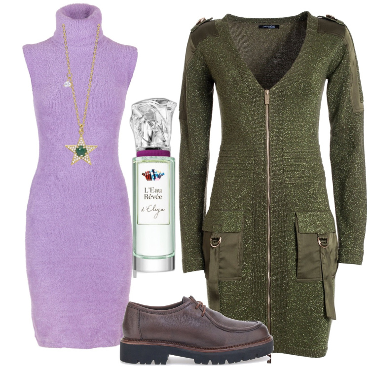 Outfit donna - Sovrapposizioni. Stile Casual chic per Scuola/Università. Abbinamento con profumi, collane, cardigans, vestiti senza maniche, scarpe stringate.