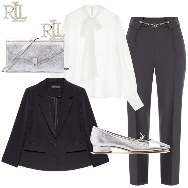Outfit donna - Total look #1974272. Stile Casual chic per Serata fuori. Abbinamento con pantaloni, camicie, orecchini, clutch, blazer, scarpe col tacco.