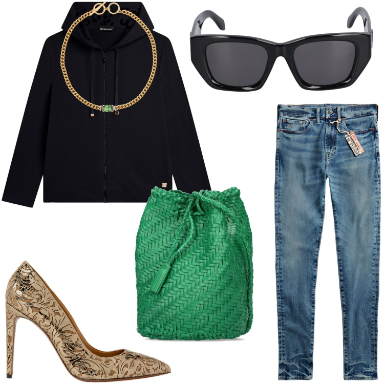 Outfit donna - Capi basic con collana preziosa. Stile Sporty chic per Ufficio. Abbinamento con felpe con cappuccio, jeans, décolleté, collane, borse a spalla, occhiali da sole.