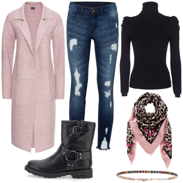 Outfit donna - Total look #1974284. Stile Casual per Tutti i giorni. Abbinamento con cappotti, foulard, jeans strappati, braccialetti, maglieria, stivaletti.