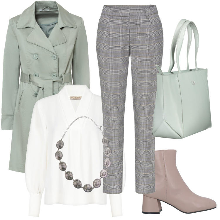 Outfit donna - Riunione in trasferta. Stile Urban per Ufficio. Abbinamento con trench, pantaloni, stivaletti, cinture, bluse, borse a spalla.