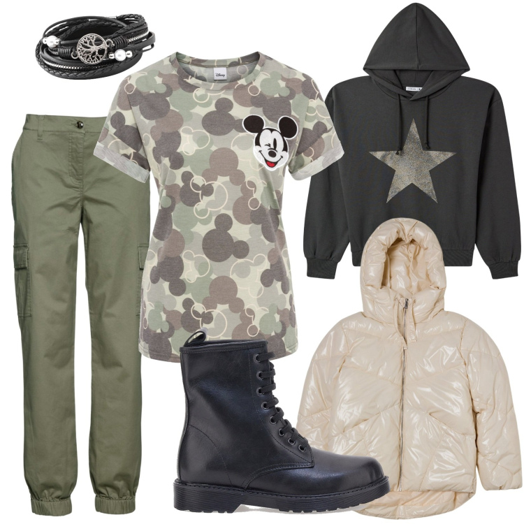Outfit donna - Military style. Stile Military per Tutti i giorni. Abbinamento con pantaloni cargo, braccialetti, maglieria, blazer, felpe sportive, anfibi.
