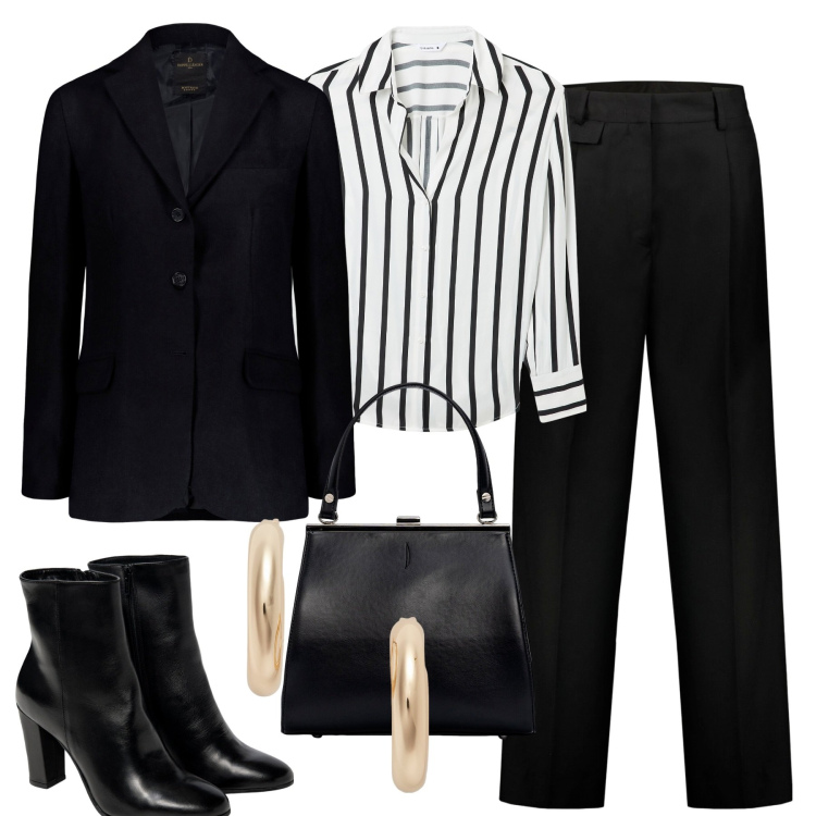 Outfit donna - In ufficio. Stile Minimal per Ufficio. Abbinamento con camicie, orecchini, pantaloni, blazer, stivaletti, clutch.