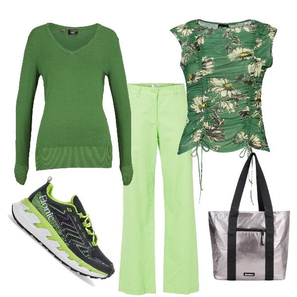 Outfit donna - Tonalita\' di verde. Stile Casual per Tutti i giorni. Abbinamento con pantaloni, maglieria, shopping bag, sneakers, canottiere.