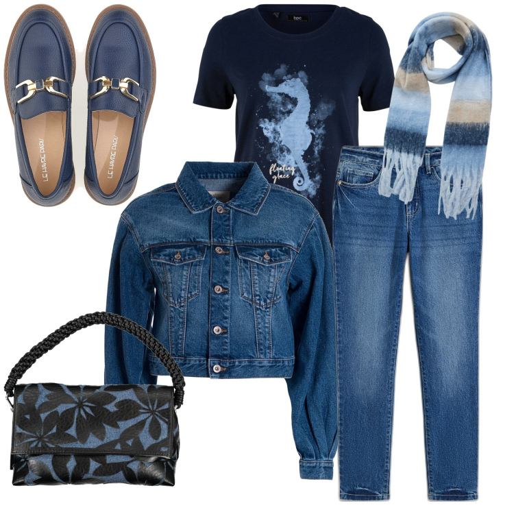 Outfit donna - Total look #1974312. Stile Casual per Tutti i giorni. Abbinamento con t-shirt, jeans slim fit, sciarpe, giacche, mocassini, borse a spalla.
