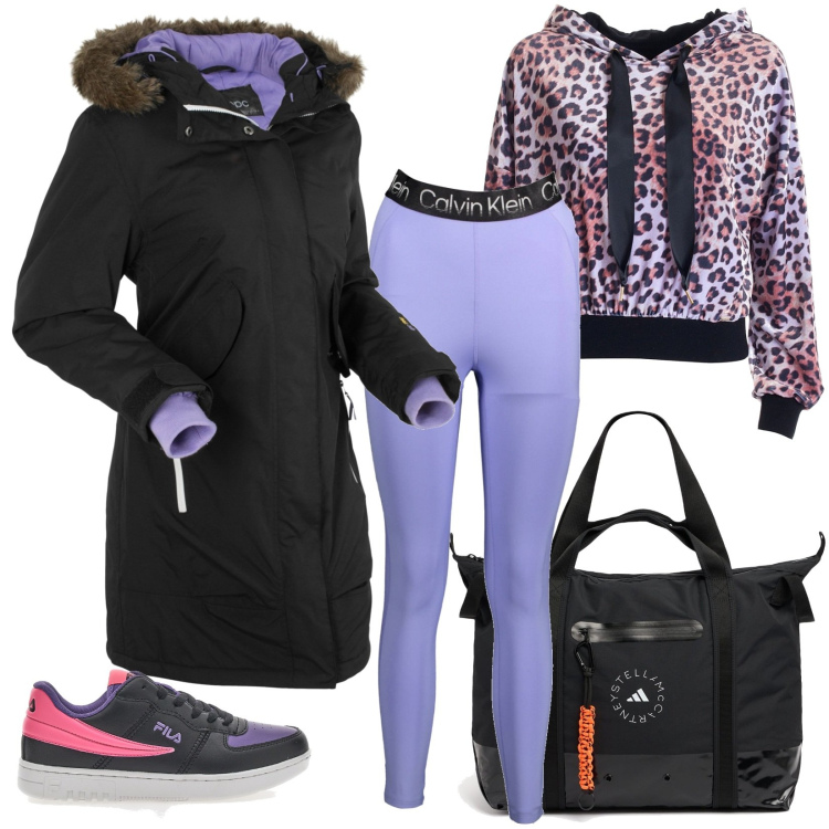 Outfit donna - Sportiva e comoda sotto la pioggia. Stile Trendy per Sport. Abbinamento con blazer, felpe con cappuccio, sneakers, shopping bag, leggings.