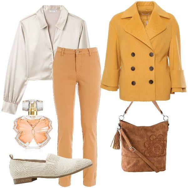 Outfit donna - Color zucca. Stile Casual chic per Ufficio. Abbinamento con borse a mano, mocassini, profumi, camicie, cappotti, pantaloni.