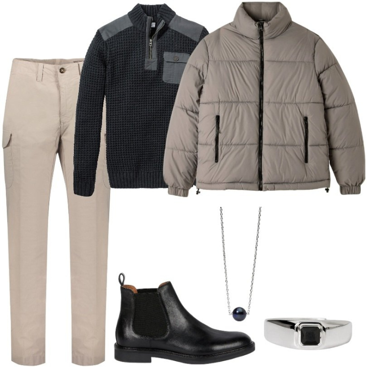 Outfit uomo - Total look #1974316. Stile Casual per Ufficio. Abbinamento con maglieria, piumini, anelli, collane, stivali e stivaletti, pantaloni.