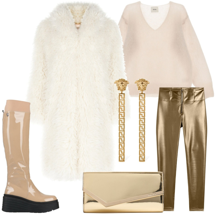 Outfit donna - Pochette oro. Stile Chic per Serata fuori. Abbinamento con stivali, cappotti, pantaloni skinny, maglieria, orecchini, pochette.