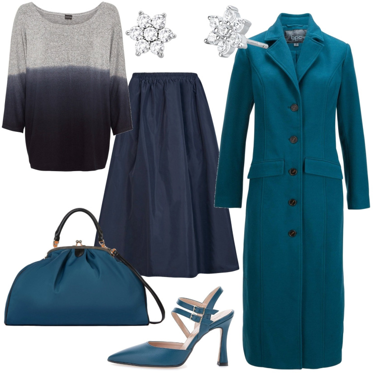 Outfit donna - Il cappotto color verde ottanio. Stile Casual chic per Tutti i giorni. Abbinamento con maglieria, cappotti, orecchini, décolleté, gonne lunghe, borse a spalla.