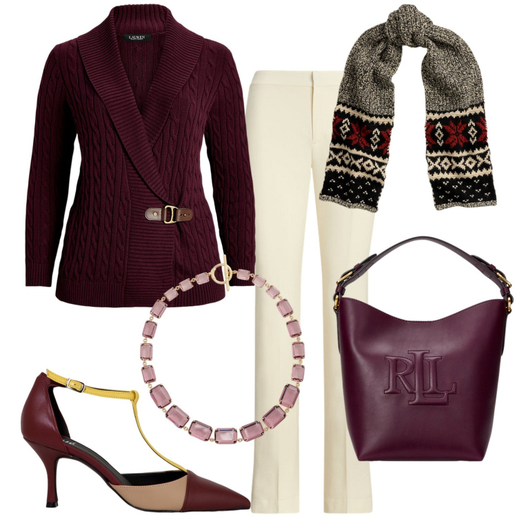 Outfit donna - Total look #1974322. Stile Casual per Tutti i giorni. Abbinamento con décolleté, sciarpe, maglieria, pantaloni, borse a secchiello, collane.