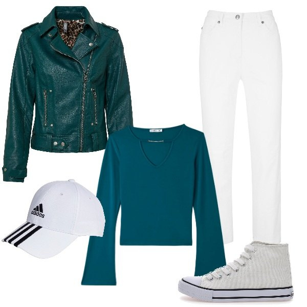 Outfit donna - In gita con la scuola. Stile Casual per Scuola/Università. Abbinamento con pantaloni, blazer, t-shirt, sneakers, cappelli con visiera.