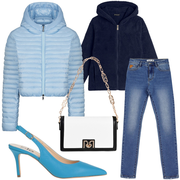 Outfit donna - Borsa dal fascino bicolor. Stile Sporty chic per Tutti i giorni. Abbinamento con décolleté, borse a tracolla, jeans skinny, felpe, piumini.