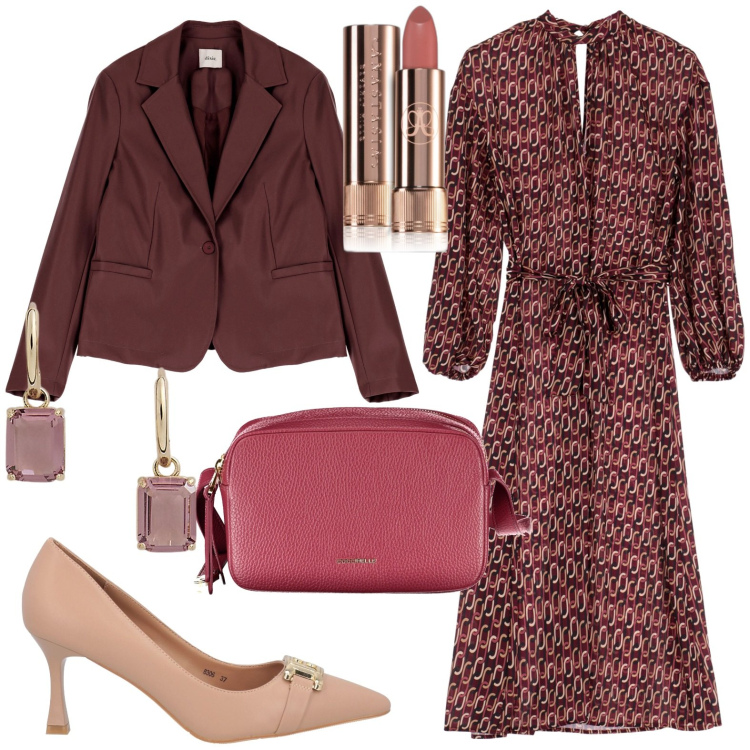 Outfit donna - Total look #1974328. Stile Chic per Serata fuori. Abbinamento con décolleté, rossetti, vestiti midi/longuette, orecchini, blazer, borse a tracolla.