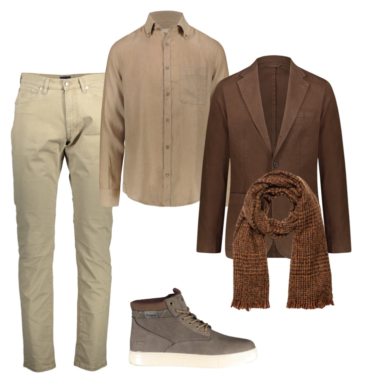 Outfit uomo - Tonalità marroni. Stile Casual per Ufficio. Abbinamento con sciarpe, giacche, camicie, pantaloni, stivali.