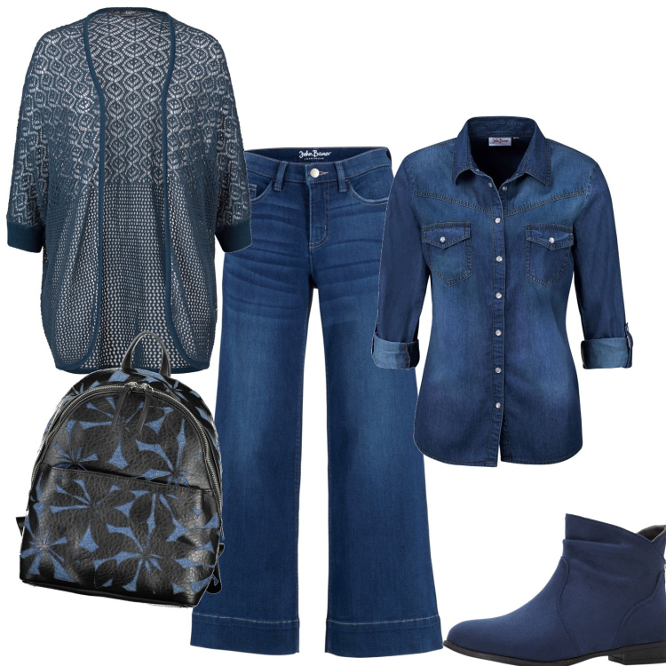 Outfit donna - Denim in tutte le stagioni. Stile Casual per Tutti i giorni. Abbinamento con jeans a zampa, camicie, cardigans, stivaletti, zaini.