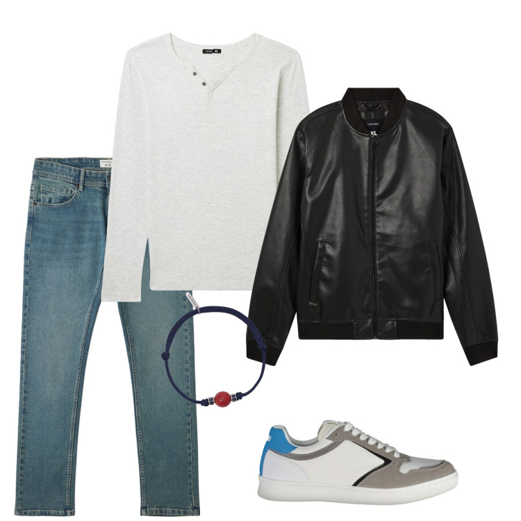 Outfit uomo - Biker e jeans. Stile Trendy per Tutti i giorni. Abbinamento con bomber, jeans, t-shirt, braccialetti, sneakers.