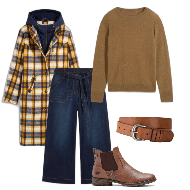 Outfit donna - Aurum favourites Toni caldi. Stile Casual chic per Tutti i giorni. Abbinamento con jeans, cinture, cappotti, maglieria, stivaletti chelsea.