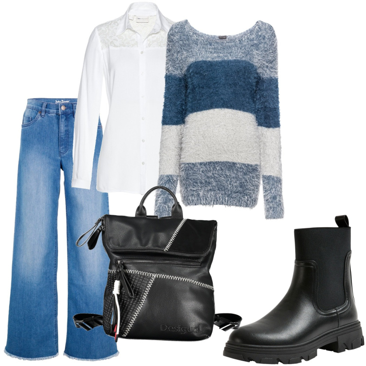 Outfit donna - Maglione morbido sul corpo. Stile Casual per Tutti i giorni. Abbinamento con jeans, maglieria, camicie, zaini, stivaletti chelsea.