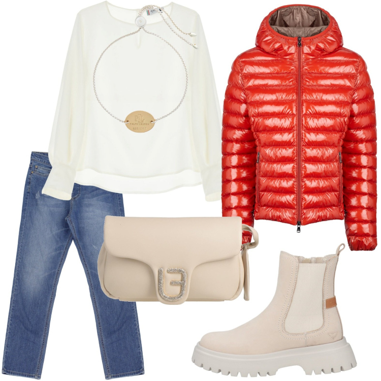 Outfit donna - La camicia con ampio scollo. Stile Urban per Scuola/Università. Abbinamento con borse a mano, stivaletti, camicie, jeans dritti, braccialetti con ciondoli, blazer.