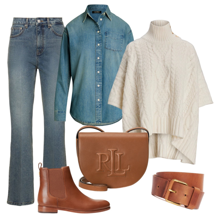 Outfit donna - Total denim con il poncho. Stile Sporty chic per Tutti i giorni. Abbinamento con borse a tracolla, cappotti, camicie, stivaletti chelsea, jeans, cinture.