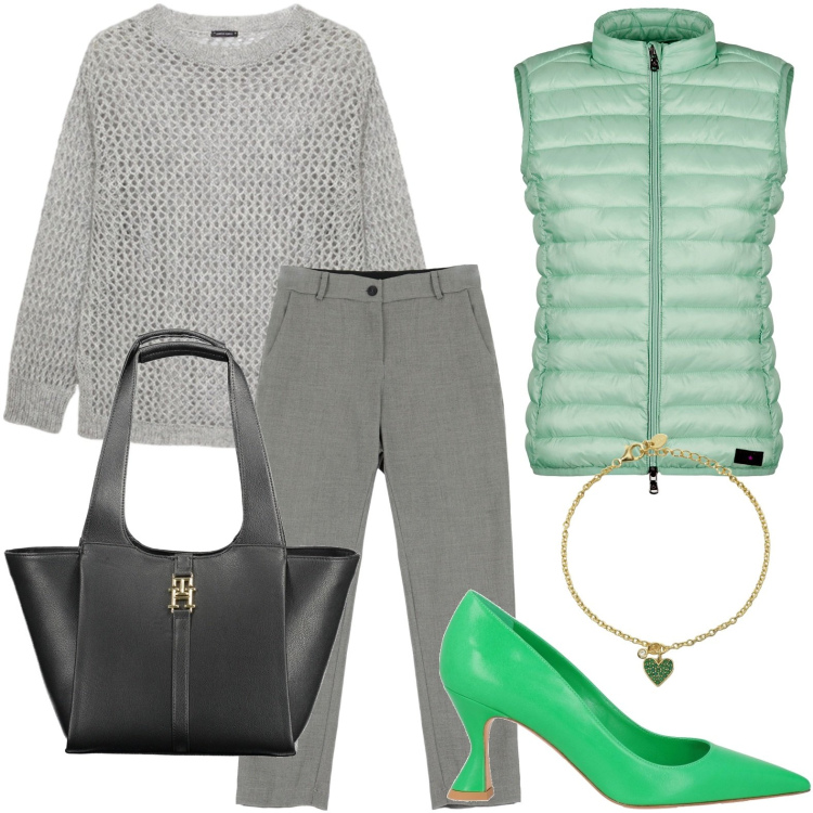 Outfit donna - Pull indispensabile. Stile Sporty chic per Ufficio. Abbinamento con décolleté, braccialetti con ciondoli, pantaloni, piumini, maglieria, borse a spalla.