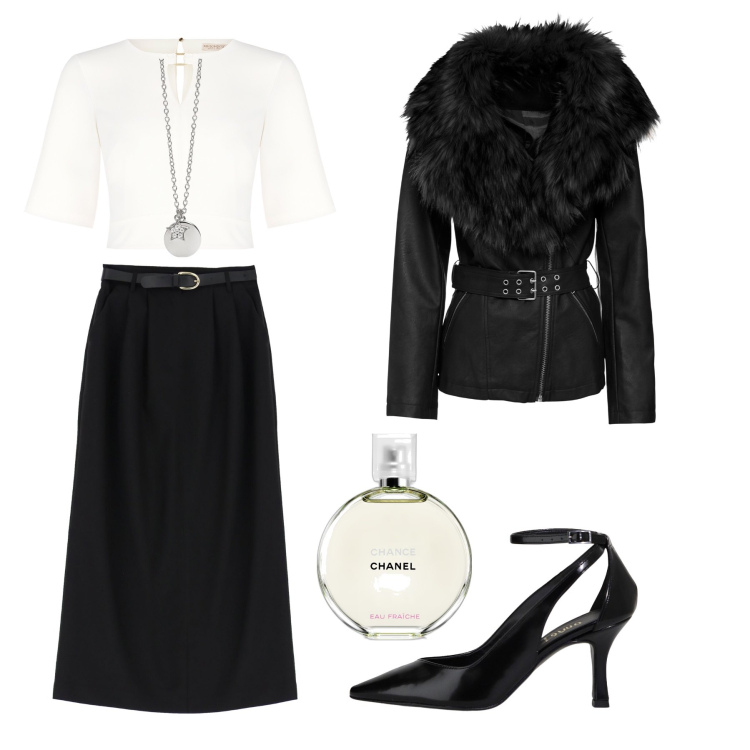 Outfit donna - Serata chic. Stile Chic per Serata fuori. Abbinamento con blazer, profumi, ciondoli, bluse, gonne lunghe, décolleté.
