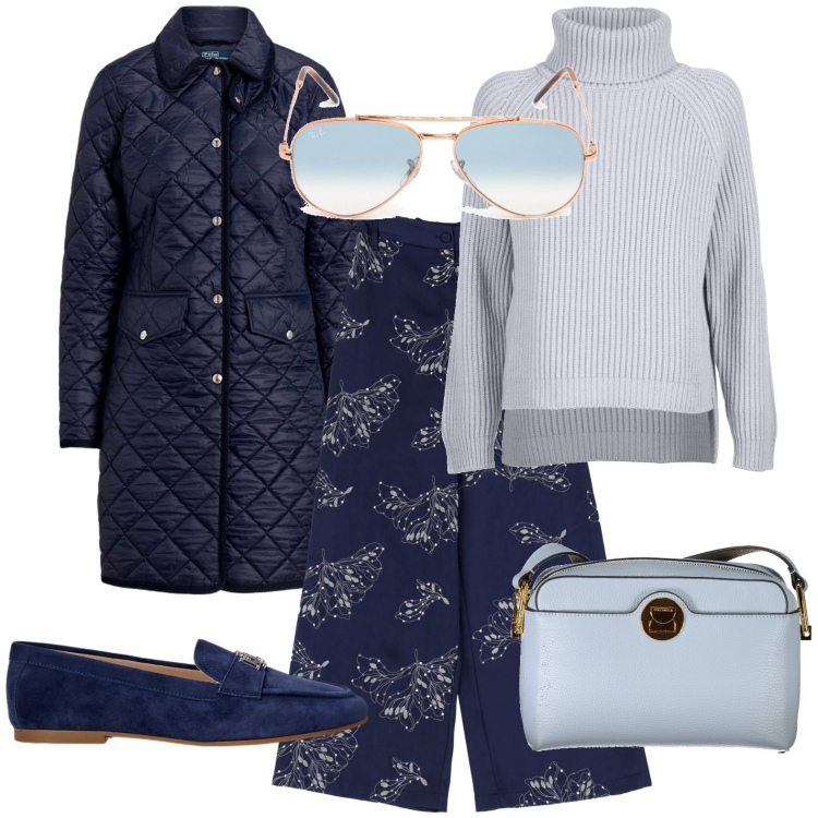 Outfit donna - Total look #1974359. Stile Casual per Tutti i giorni. Abbinamento con pantaloni, mocassini, cappotti, maglieria, occhiali da sole, borse a tracolla.