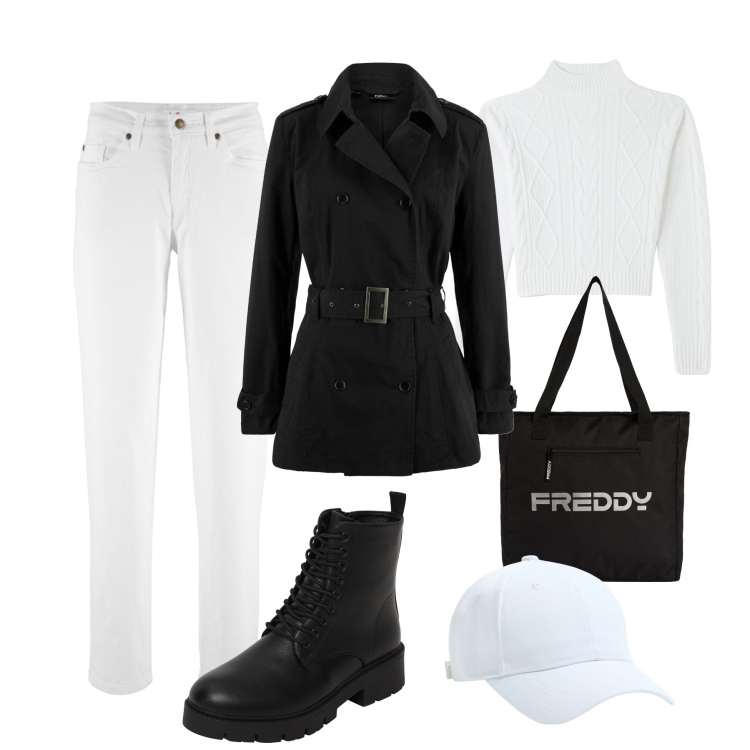 Outfit donna - Bianco ottico e nero. Stile Casual per Tutti i giorni. Abbinamento con jeans mom, trench, cappelli, maglieria, anfibi, shopping bag.