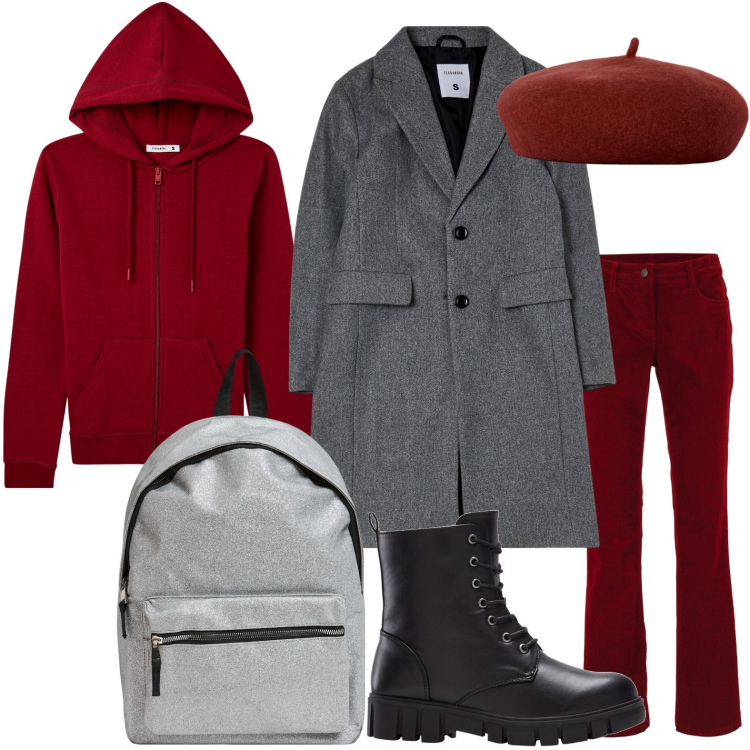 Outfit donna - Il cappotto grigio cenere. Stile Basic per Scuola/Università. Abbinamento con pantaloni, stivaletti, cappotti, felpe con cappuccio, zaini, cappelli e berretti.