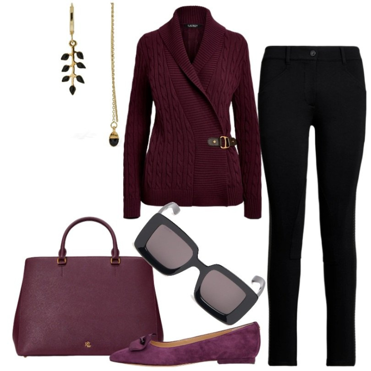 Outfit donna - Tonalità pinot nero. Stile Chic per Tutti i giorni. Abbinamento con borse a mano, maglieria, pantaloni, ballerine, orecchini, occhiali da sole.
