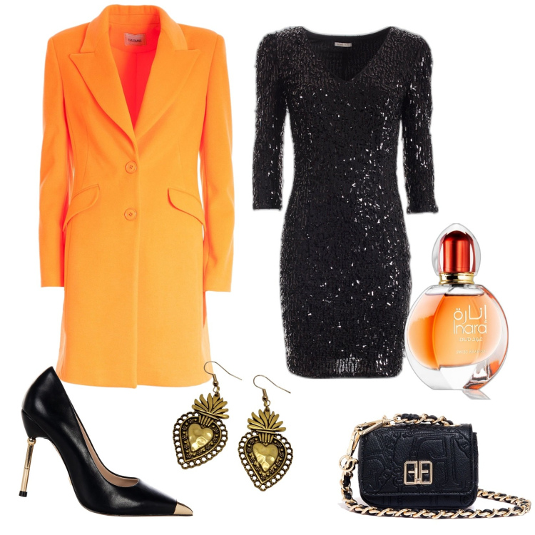 Outfit donna - Cappotto orange. Abbinamento con profumi, décolleté, vestiti corti, cappotti, marsupi, orecchini.
